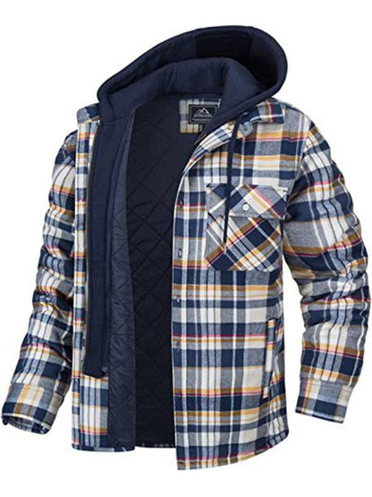 Cozy Men's Oversized Hooded Plaid Jacket with Thick Padded Comfort for Autumn-Winter Adventures - MENLL