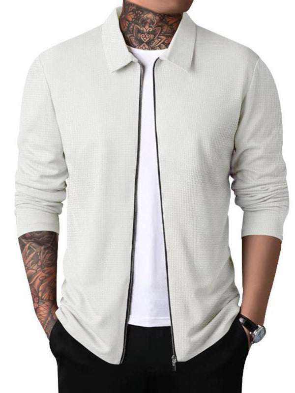 Men's waffle zip lapel jacket, stylish cardigan for all seasons, lightweight and breathable design.