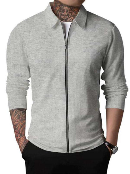 Stylish Men's Waffle Zip Lapel Jacket - Versatile Cardigan for All Seasons - MENLL