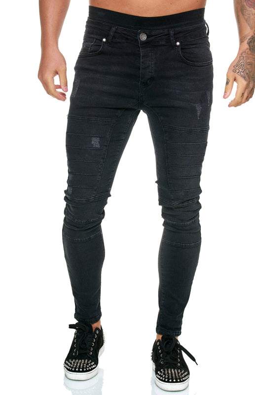 Men's fashion high waist slim jeans with distressed effect in black denim.