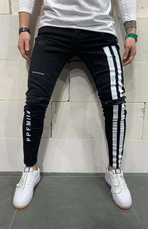 Athletic striped elastic fit jeans with trendy frayed detailing, stylish men's slim fit design.