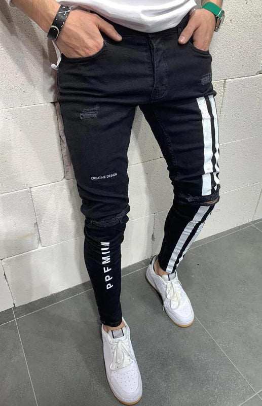 Stylish Men's Slim Fit Elastic Jeans with Trendy Frayed Detailing - MENLL