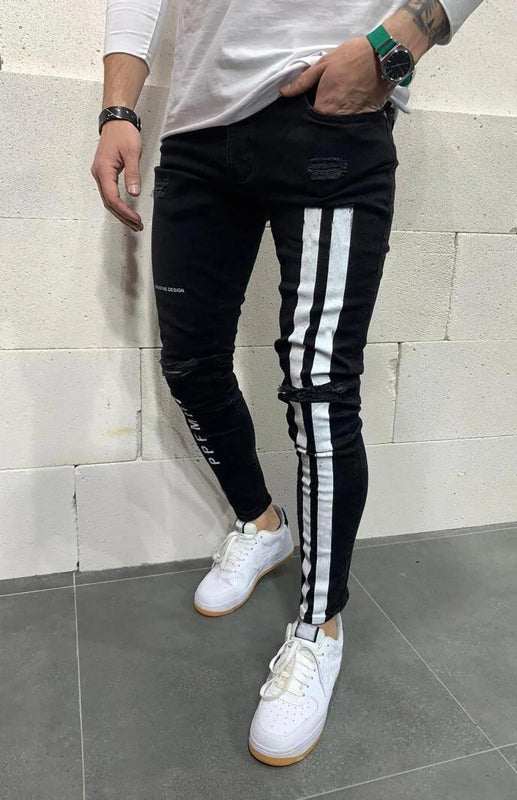 Stylish Men's Slim Fit Elastic Jeans with Trendy Frayed Detailing - MENLL
