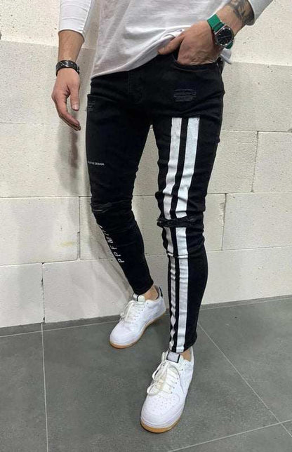 Stylish Men's Slim Fit Elastic Jeans with Trendy Frayed Detailing - MENLL