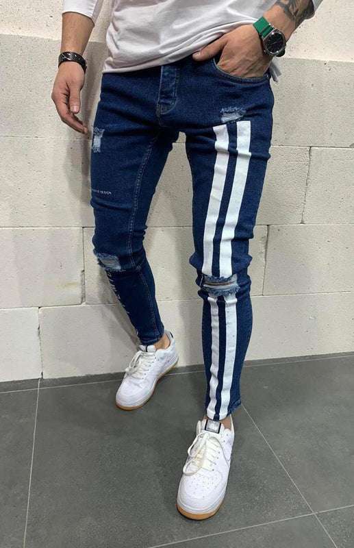 Stylish Men's Slim Fit Elastic Jeans with Trendy Frayed Detailing - MENLL