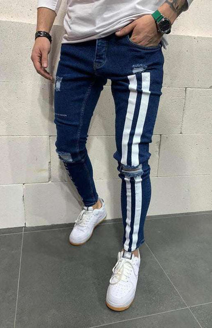 Stylish Men's Slim Fit Elastic Jeans with Trendy Frayed Detailing - MENLL