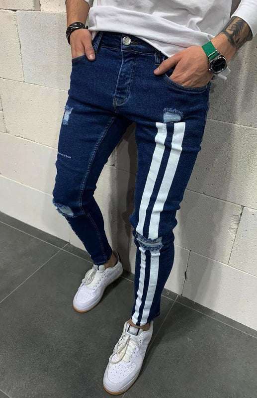 Stylish Men's Slim Fit Elastic Jeans with Trendy Frayed Detailing - MENLL