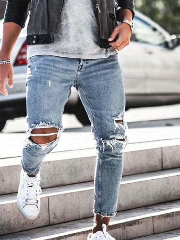 Stylish Mid-Waist Ripped Pencil Jeans for Men - Casual Comfort Meets Trendy Elegance - MENLL