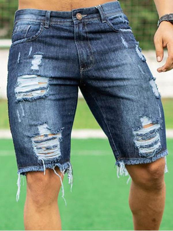 Slim-fit men's denim shorts with distressed design and functional pockets.