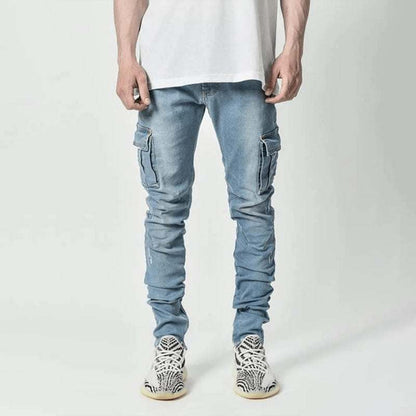 Men's side pocket skinny jeans, light blue, casual style.