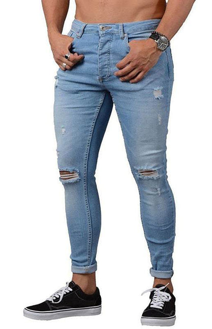 Men's distressed cotton stretch denim jeans with trendy urban style and versatile seasonal wear.