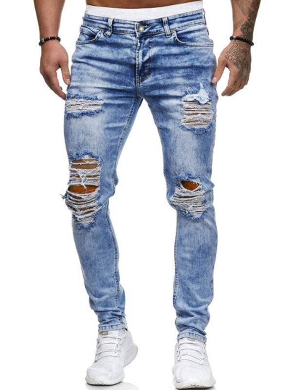 Men's distressed knit denim jeans with a cotton blend, suitable for all seasons.