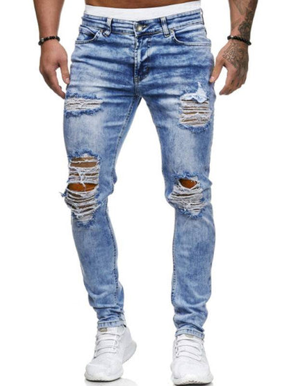 Men's distressed knit denim jeans with a cotton blend, suitable for all seasons.