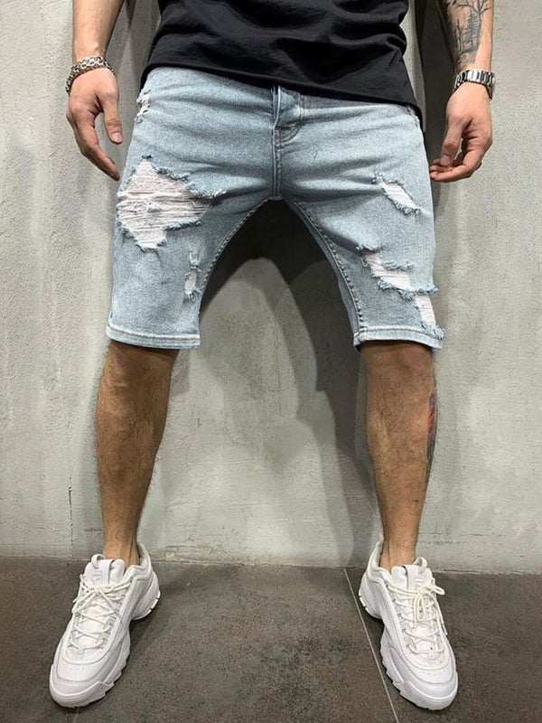 Trendy Men's Distressed Slim-Fit Short Jeans with Ripped Details - MENLL