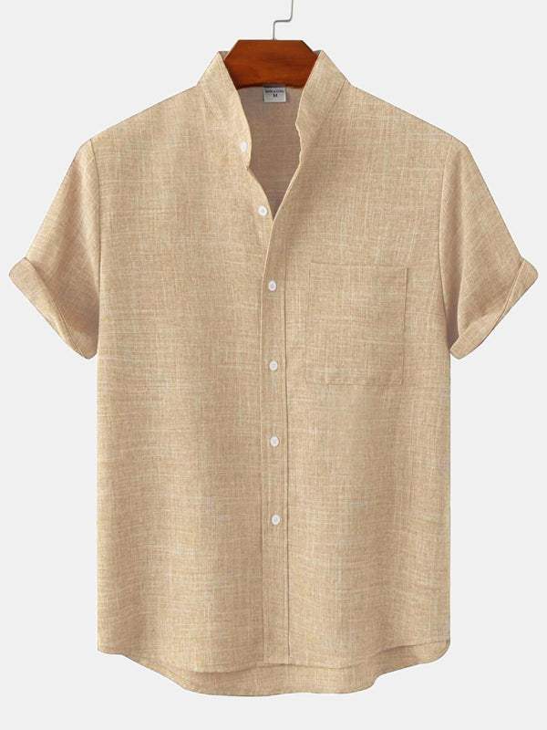 Men's spring casual short-sleeved cotton linen shirt in solid color.