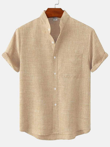 Men's spring casual short-sleeved cotton linen shirt in solid color.