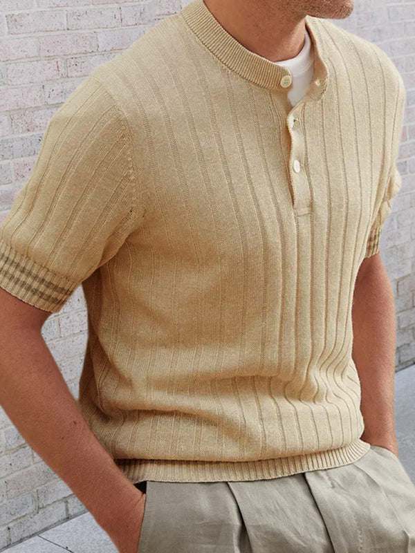 Slim fit short-sleeve knit polo sweater for men, ideal for spring and summer casual wear.