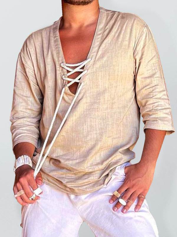 Stylish men's casual V-neck shirt with three-quarter sleeves in solid color, showcasing elegant design and comfortable fit.