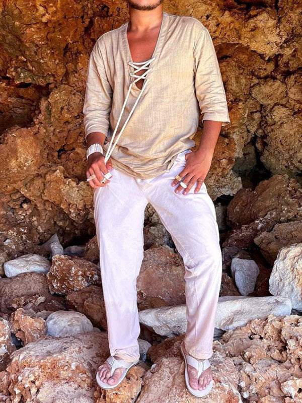 Stylish Men's Casual V-Neck Shirt with Three-Quarter Sleeves – Perfect for Effortless Elegance!