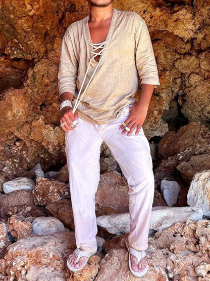 Stylish Men's Casual V-Neck Shirt with Three-Quarter Sleeves – Perfect for Effortless Elegance!