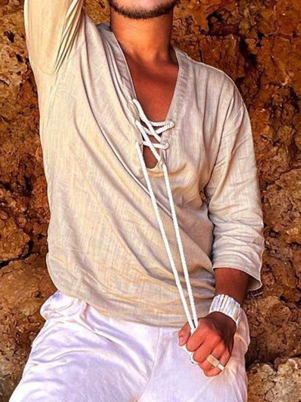 Stylish Men's Casual V-Neck Shirt with Three-Quarter Sleeves – Perfect for Effortless Elegance!