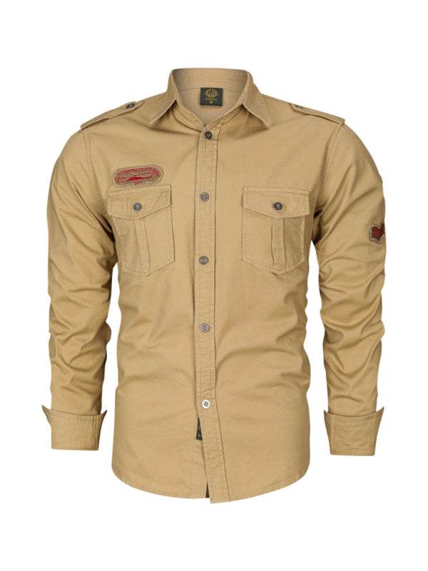 Men's cotton military style long sleeve shirt with rugged design and flap pockets.