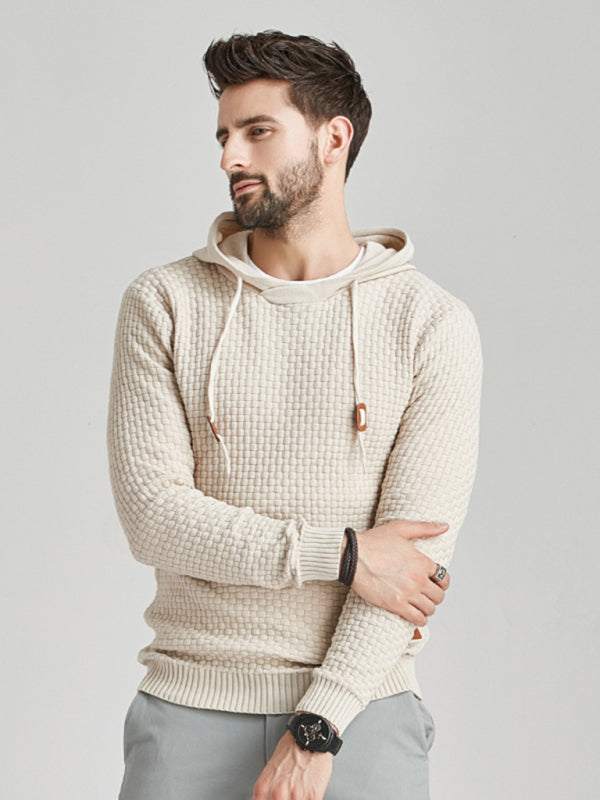 Hooded pullover sweater for men in neutral color offering casual and sporty style.