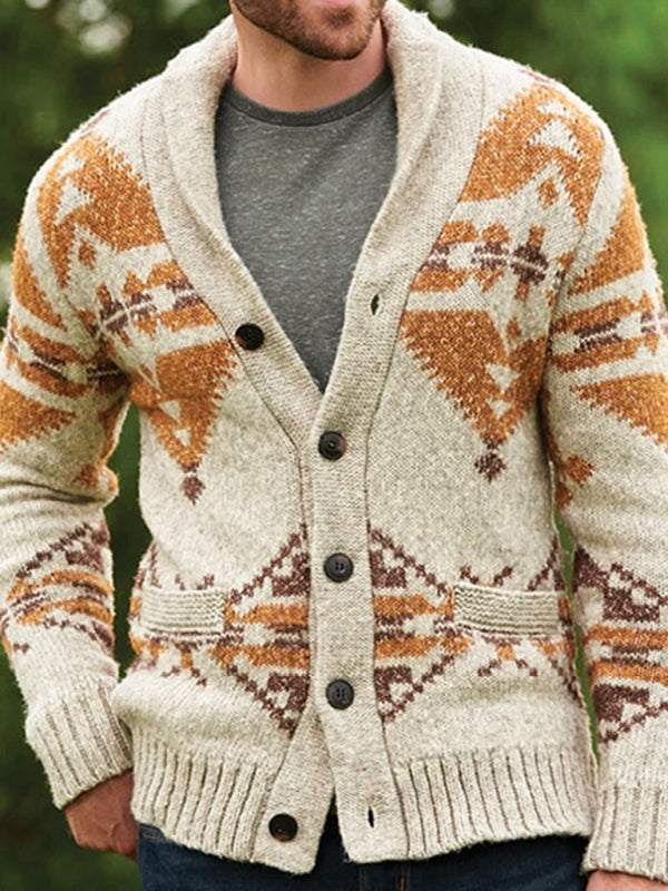 Men's ethnic pattern knit cardigan with button closure, beige and brown folk design.