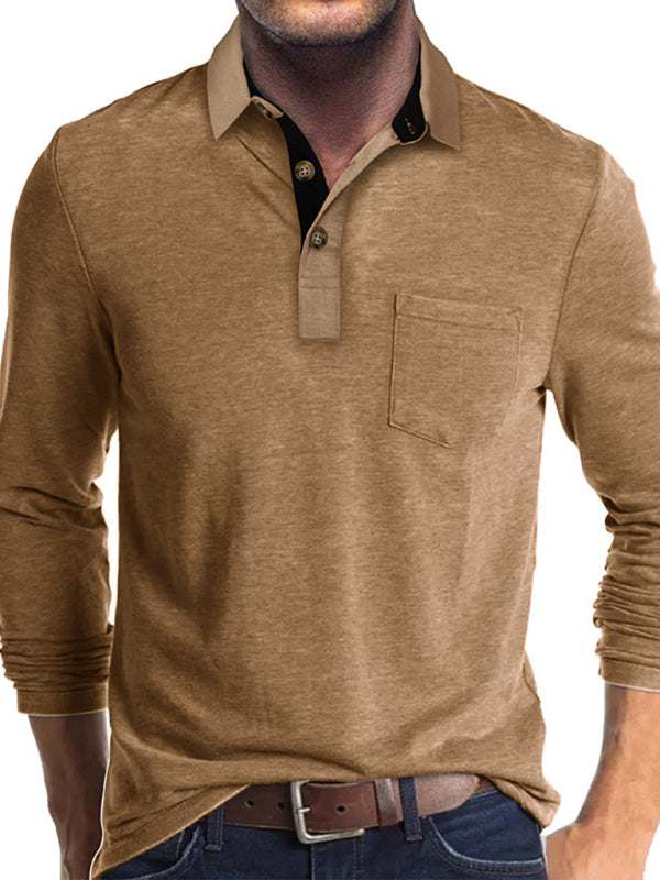 Men's long sleeve lapel polo shirt in brown with functional pocket.