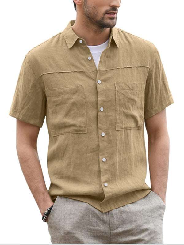 Men's summer button-down shirt in lightweight cotton linen, short-sleeve with wide collar and pockets.