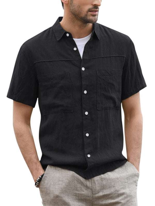 Stylish Men's Summer Button Down Shirt - Lightweight Cotton Linen Short Sleeve with Pocket and Wide Collar