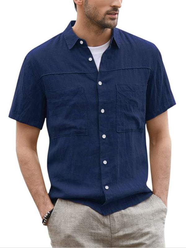 Stylish Men's Summer Button Down Shirt - Lightweight Cotton Linen Short Sleeve with Pocket and Wide Collar