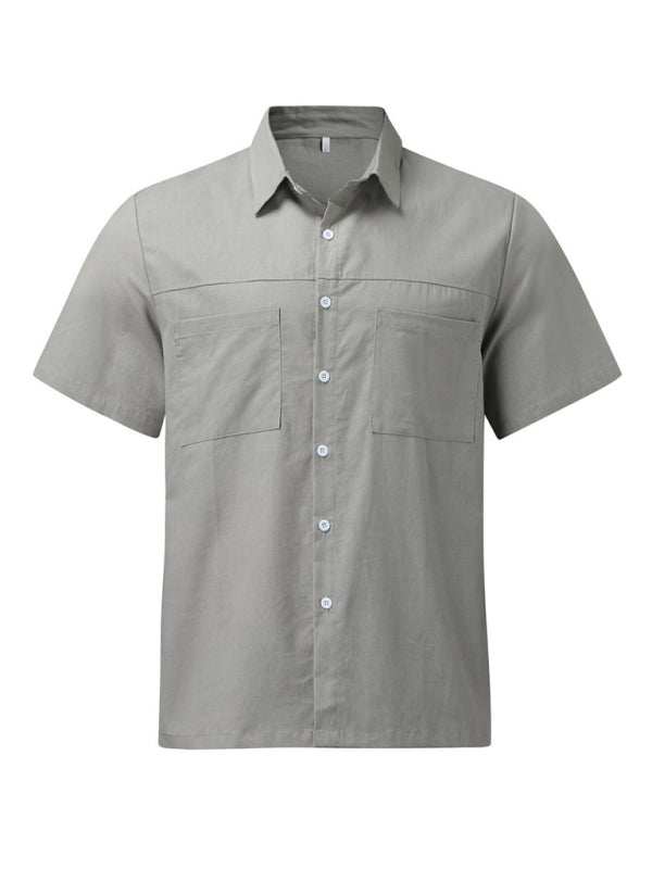 Stylish Men's Summer Button Down Shirt - Lightweight Cotton Linen Short Sleeve with Pocket and Wide Collar