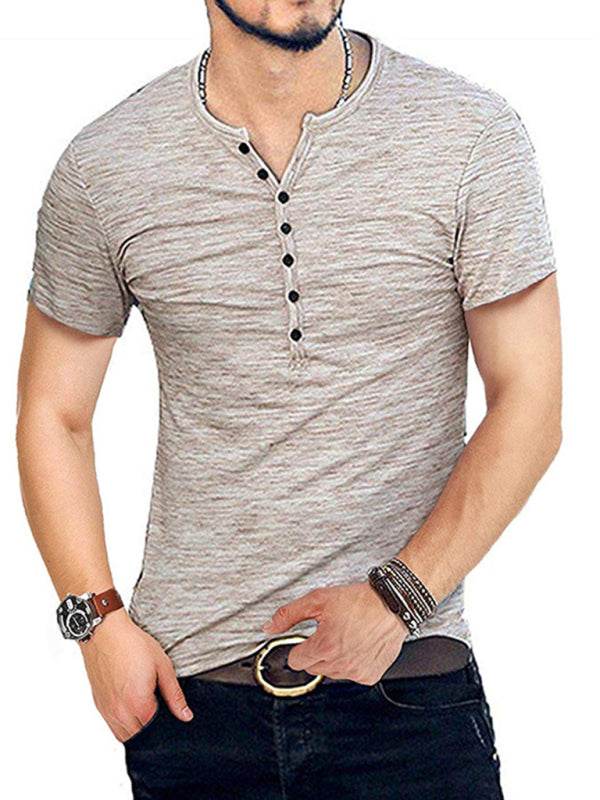 Stylish slim fit Henley collar men's t-shirt for spring and summer casual wear.
