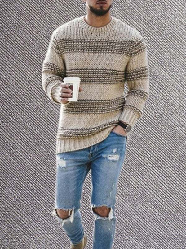 Men's round neck knitted sweater with stripes, perfect for casual spring and summer wear.