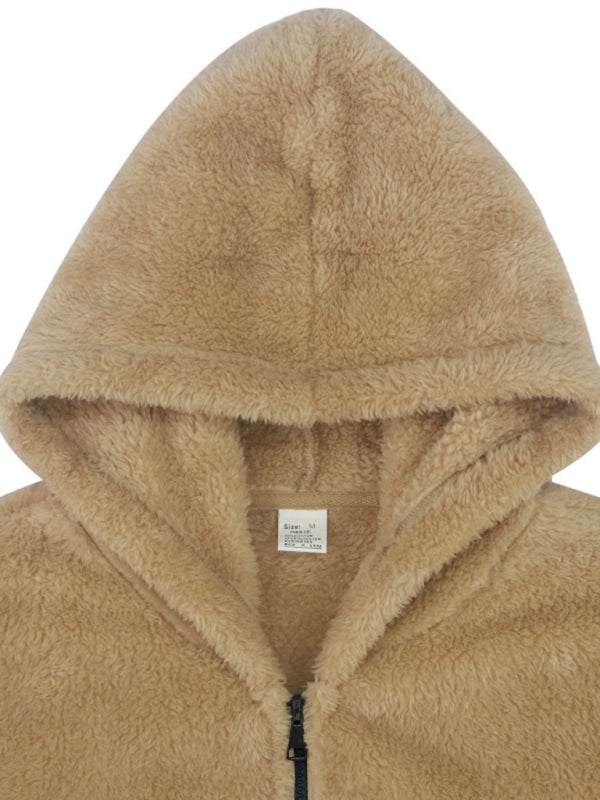 Men's ultra-soft double-sided arctic velvet hooded zipper jacket in tan color.