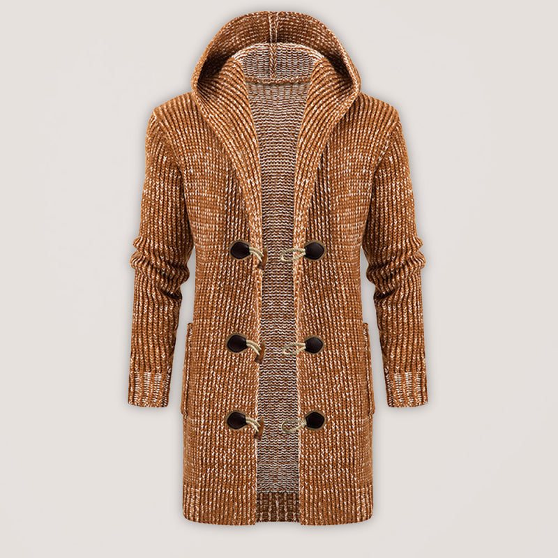 Mid-length hooded knit cardigan with horn buckle, winter fashion sweater.