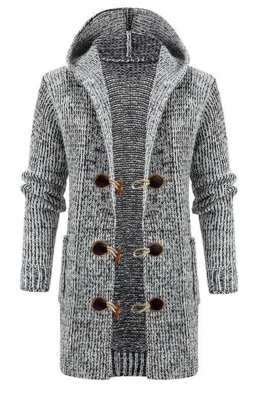 Stylish Men's Hooded Knit Cardigan with Horn Buckle - Perfect for Autumn-Winter Fashion - MENLL