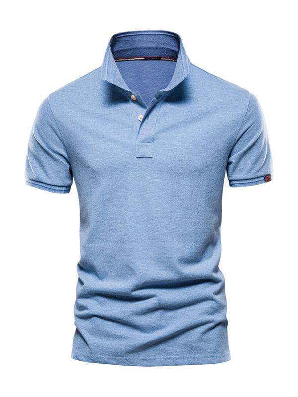 Men's premium cotton lapel polo shirt in blue, short-sleeved, ideal for casual and light business occasions.