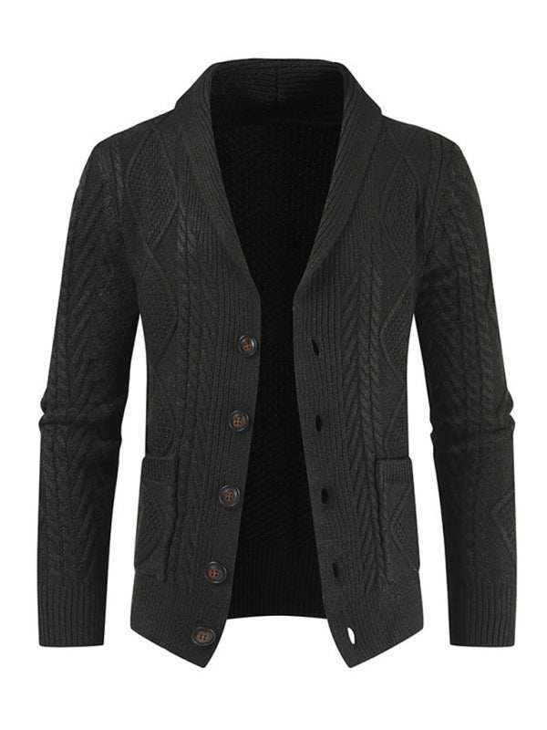 Men's black self-design open front cardigan, long sleeves, knit pattern.