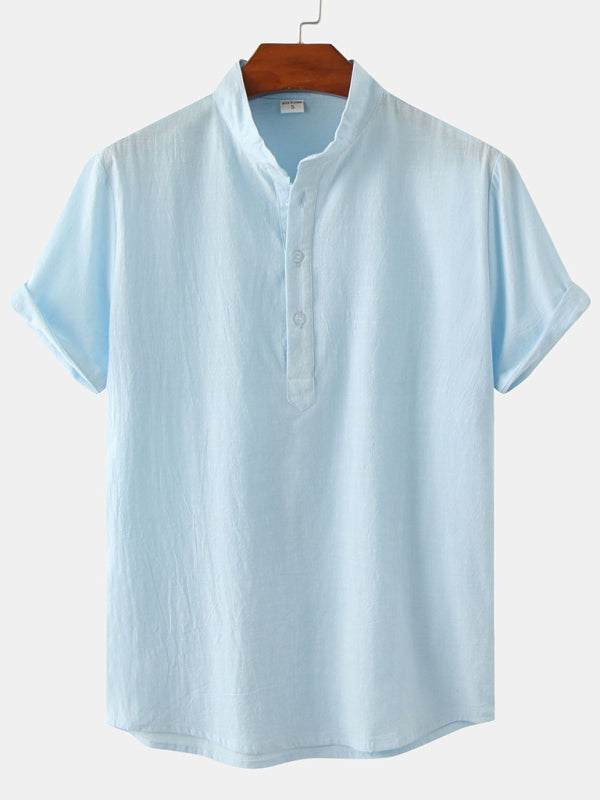 Men's light blue cotton-linen stand collar short sleeve beach shirt.
