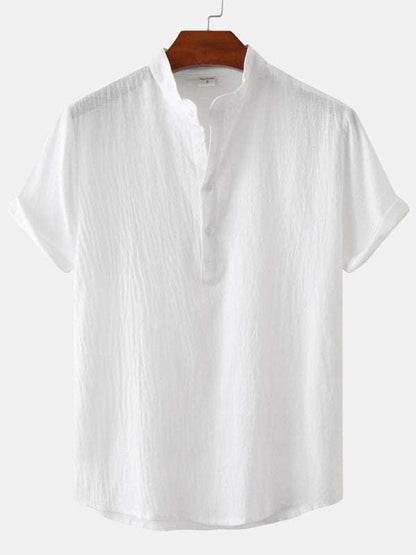 Stylish Men's Cotton-Linen Stand Collar Short Sleeve Beach Shirt for Effortless Summer Vibes - MENLL