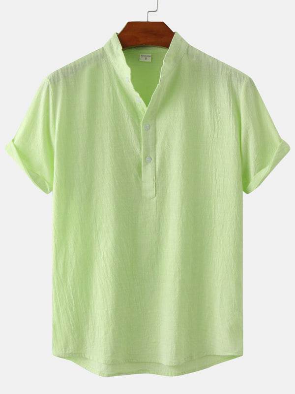 Stylish Men's Cotton-Linen Stand Collar Short Sleeve Beach Shirt for Effortless Summer Vibes - MENLL