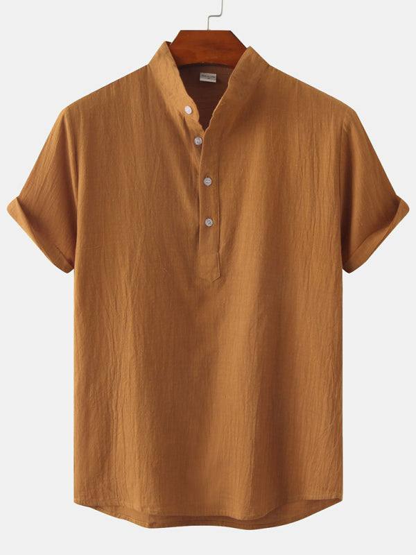 Stylish Men's Cotton-Linen Stand Collar Short Sleeve Beach Shirt for Effortless Summer Vibes - MENLL