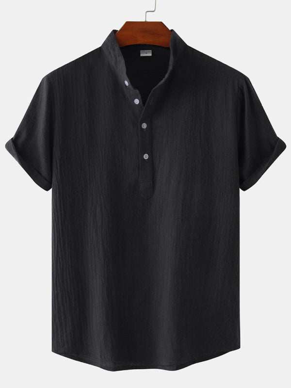 Stylish Men's Cotton-Linen Stand Collar Short Sleeve Beach Shirt for Effortless Summer Vibes - MENLL