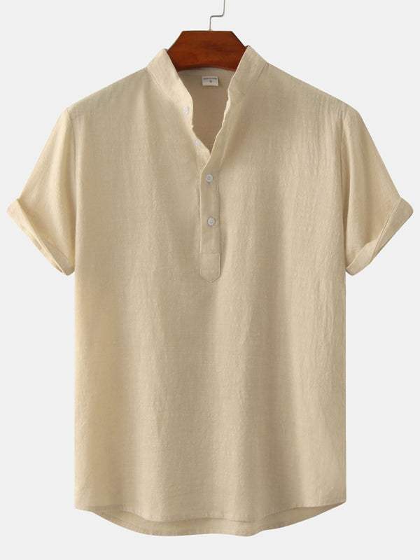 Stylish Men's Cotton-Linen Stand Collar Short Sleeve Beach Shirt for Effortless Summer Vibes - MENLL