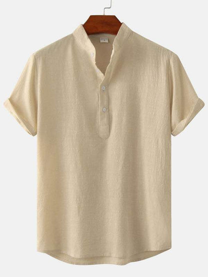 Stylish Men's Cotton-Linen Stand Collar Short Sleeve Beach Shirt for Effortless Summer Vibes - MENLL