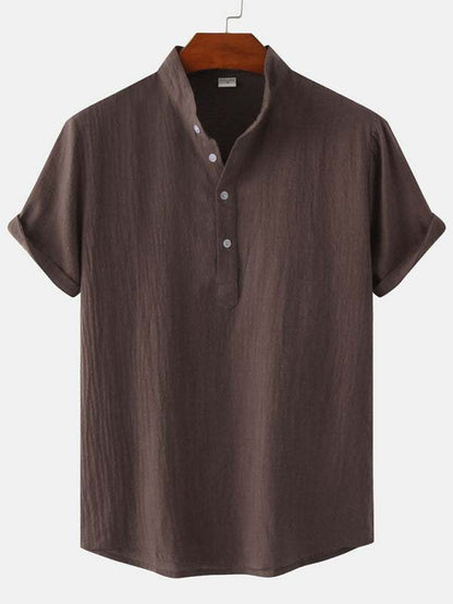 Stylish Men's Cotton-Linen Stand Collar Short Sleeve Beach Shirt for Effortless Summer Vibes - MENLL
