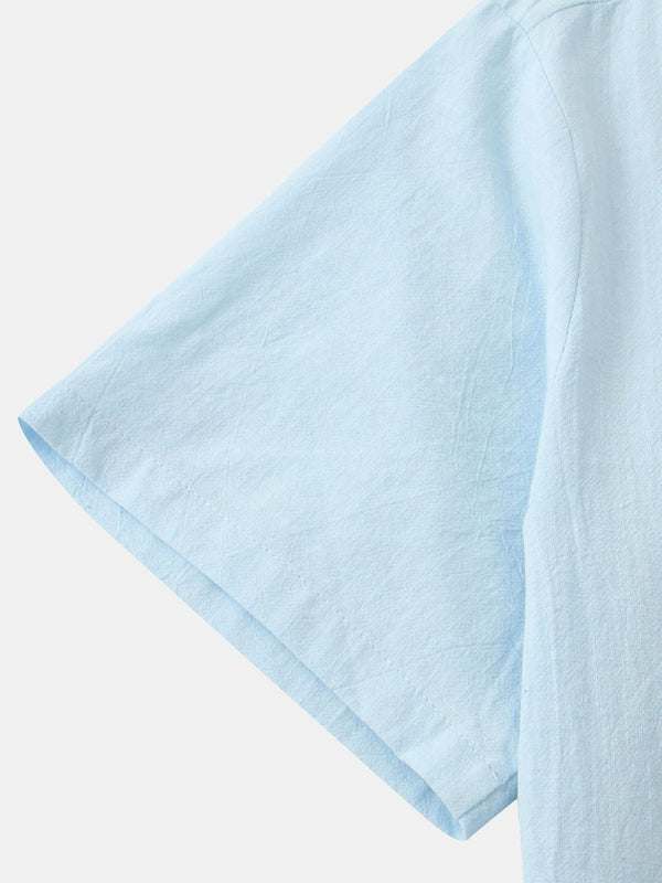 Stylish Men's Cotton-Linen Stand Collar Short Sleeve Beach Shirt for Effortless Summer Vibes - MENLL