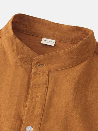 Stylish Men's Cotton-Linen Stand Collar Short Sleeve Beach Shirt for Effortless Summer Vibes - MENLL